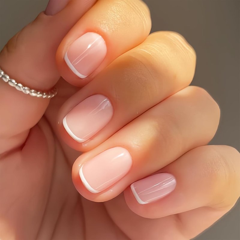 24Pcs Short Square French Tip Press on Nails Glossy Pink Fake Nails White Tips Full Cover Glue on Nails Reusable Acrylic False Nails for Women Salon Quality DIY Nail Art for Everyday Wedding Party