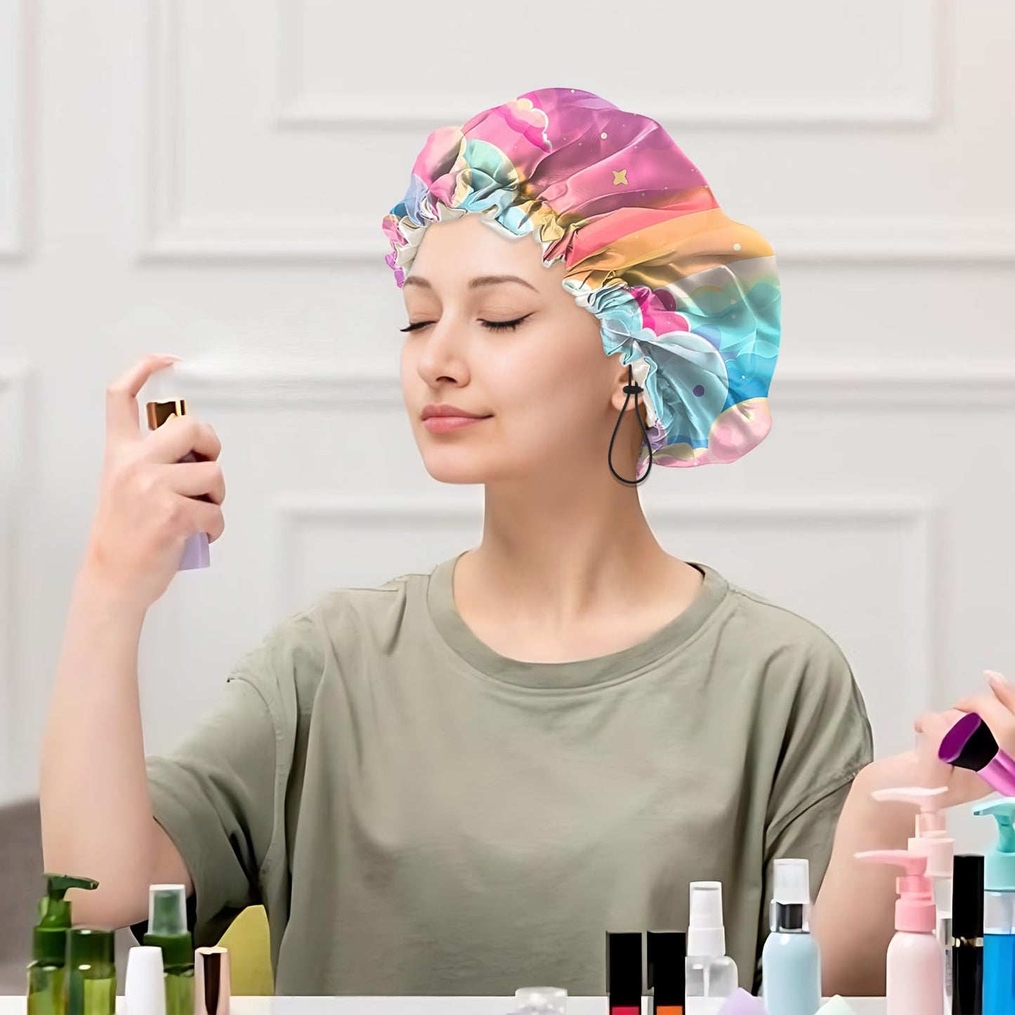 Cabreche Luxury Shower Cap Satin Silk Lined Adjustable Elastic Reusable Waterproof Shower Bath Cap Cute for Women Girls-Pink Cloud