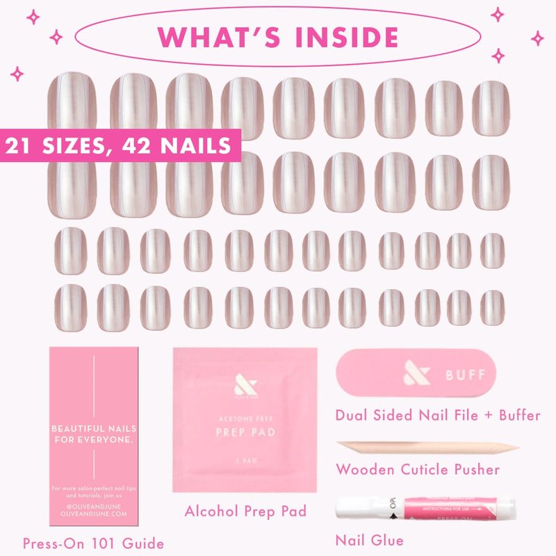 Olive & June Minimalist Instant Mani Press On Nails (Glue) | 42 Fake Nails, 21 Sizes | Non-Toxic, Long-Lasting Barely-There Look | Salon-Quality at Home | Extra Short, Squoval | Taupe Jelly Chrome