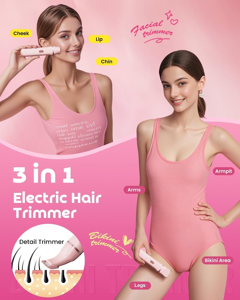 Dovety Bikini Trimmer for Women - 3-in-1 Painless Electric Razor | Waterproof, Rechargeable, USB Charging