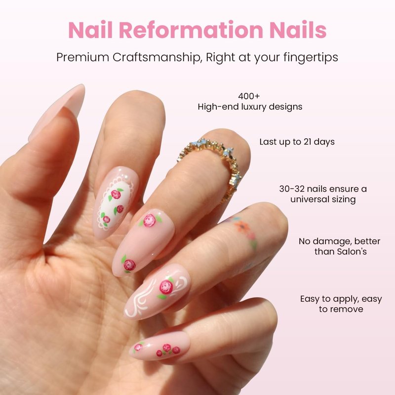 Nail Reformation Press On Nails, Pink Roses Medium Almond Fake Nails with Lace & Pearl on Nude Base in Glossy Finish, Reusable Stick On Nails in 15 Sizes - 30 Nail Kit, Manicure Gifts for Women