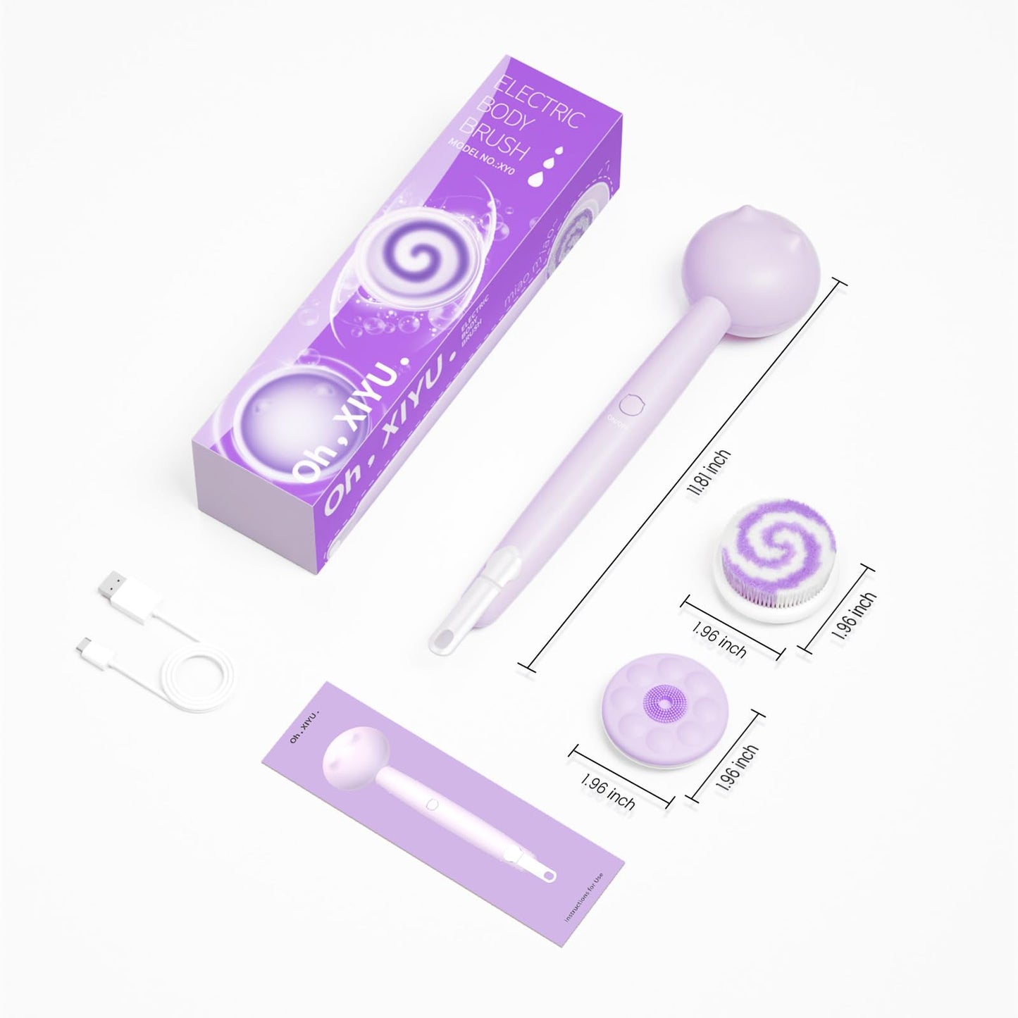 Oh,XIYU. Electric Back Scrubber for Shower Body Brush, Waterproof Shower Body Scrubber for Cleansing, Massaging, Rechargeable Bath Brush for Kids & Adults with 2 Heads & 3 Speed Modes, Taro Purple XY0