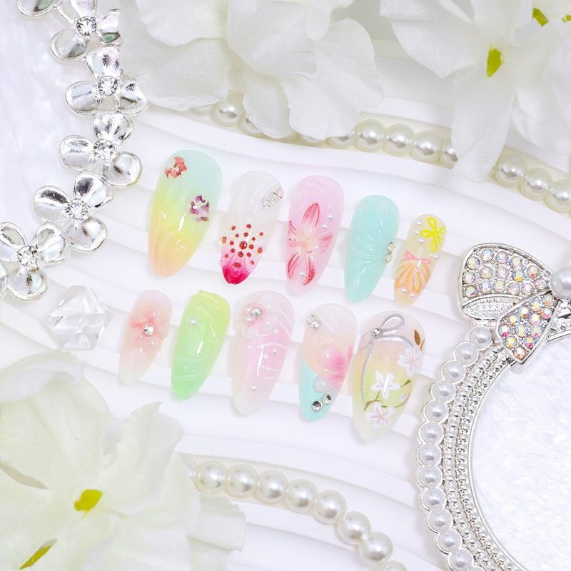 24Pcs Colorful Summer Press on Nails Medium Almond Fake Nails Peach Blossom with Bow Seashell Rhinestones Pearl Designs Pink Flower Full Cover Glue on Nail Cute False Nails for Women Acrylic Manicure