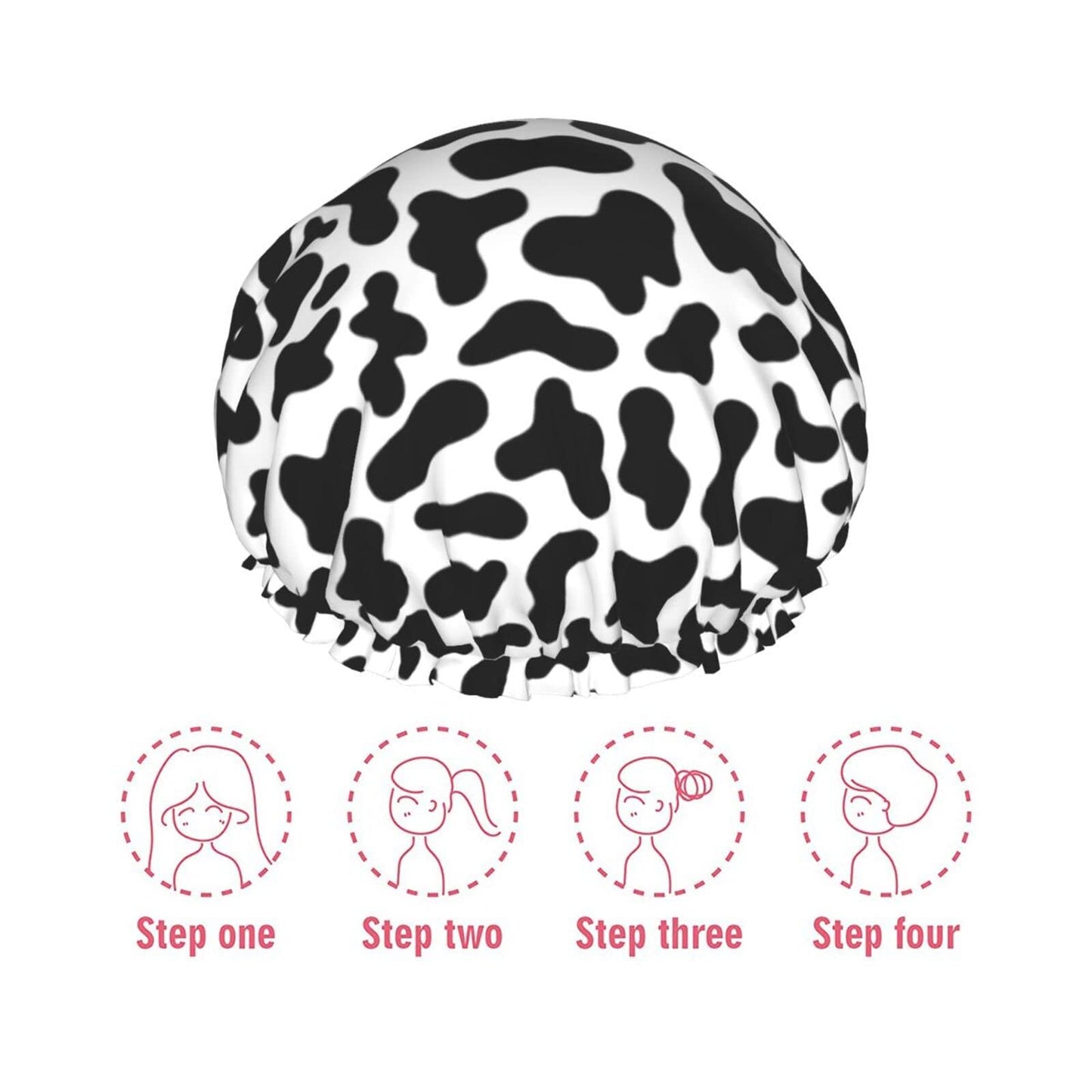 Black And White Cow Skin Abstract Animal Farm Shower Cap For Women Adjustable Double Waterproof Layers Bathing Bath Cap Hair Protection Reusable Ladies Spa Salon Shower Hat