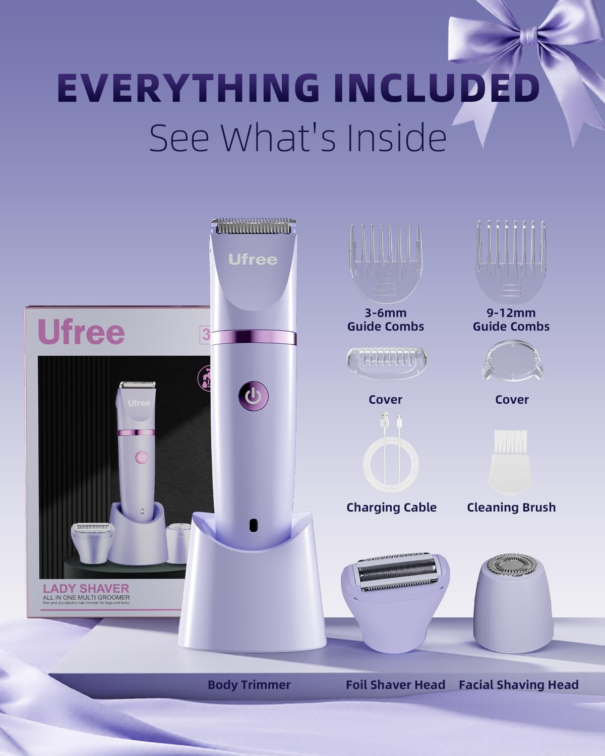 Ufree Bikini Trimmer Electric Razors for Women, Ceramic Blade Body Hair Trimmer, IPX7 Waterproof Rechargeable Lady Shaver, Personal Groomer for Legs & Pubic Hair, Gifts for Women, Purple