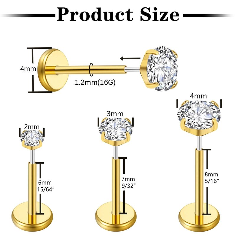 Gotumo 16G Flat Back Earrings Stud G23 Titanium Threadless Tragus Labret Cartilage Lip Medusa Conch Body Piercing Jewelry Hypoallergenic for Women Men(Gold)