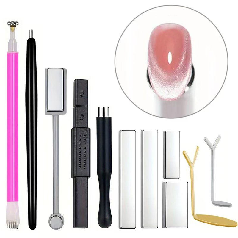 DAIXIANGER 11PCS Cat Eye Nail Magnet Tool Set - Double-Head Magnet Sticks, Heart Shaped Magnets for Cat Eye Gel Nail Polish, Professional Nail Art DIY Accessories for Home Manicure