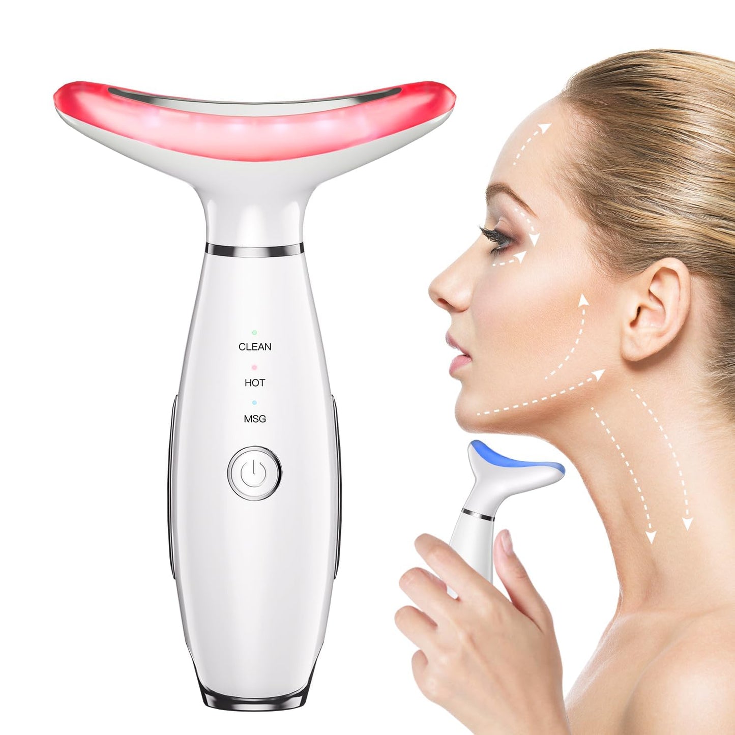 TLINNA Face Massager -7 Color Red-Light-Therapy for Face and Neck for Wrinkles, Double Chin, Vibrating Facial Massager with Thermals (White)