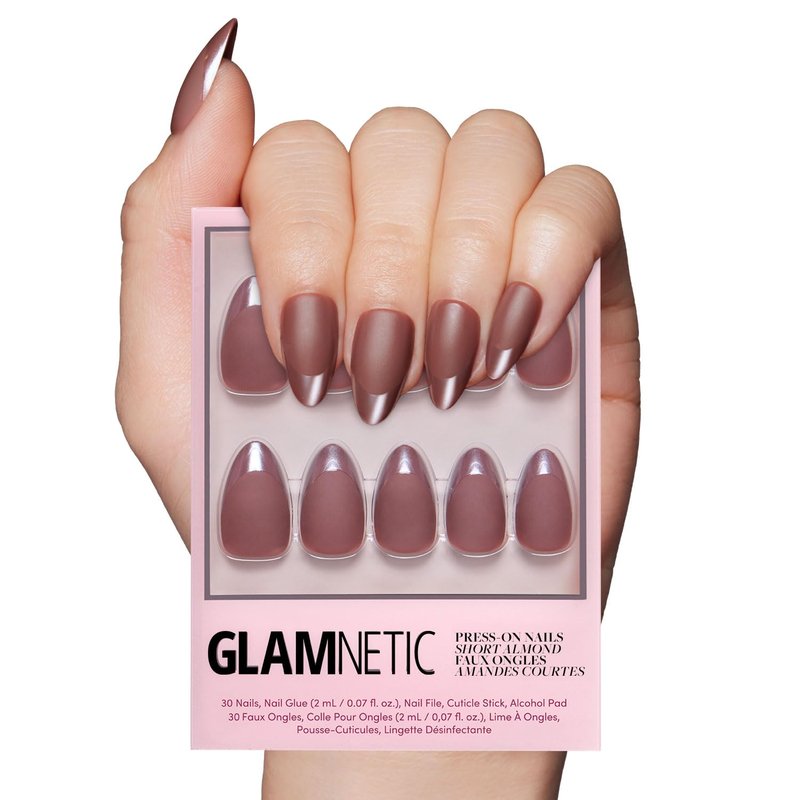 Glamnetic Press On Nails - Terra Short Almond Dark Brown Fake Nails | Glossy French Tips, Salon Quality, 30 Nail Kit with Glue