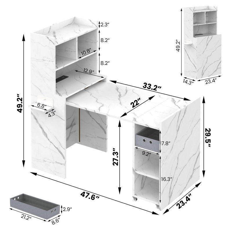 MOMOKOVA Foldable Manicure Table Nail Desk, Extendable Nail Station with Charging Station, Storage Shelf & Fabric Drawer, Wall Mount Nail Tech Table Modern Multipurpose Table for Home & Office, White