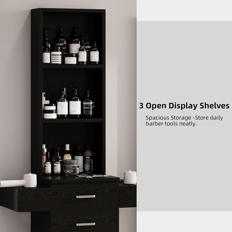 Salon Station for Hair Stylists - Black Barber Station with Hair Dryer Holder | Professional Hair Salon Equipment