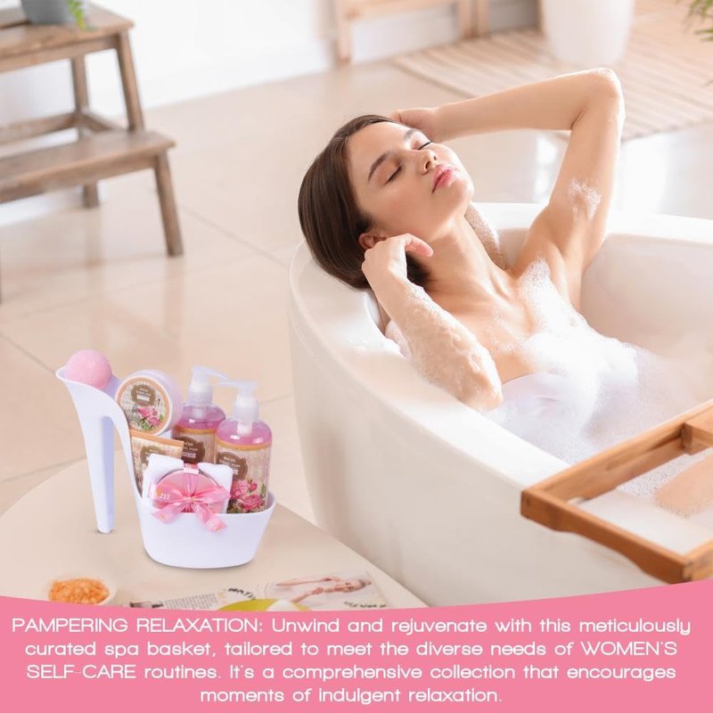 Mother’s Day Gift Baskets for Women, 8 Pc British Rose Spa Gift Set, Heel Shoe Bath Basket, Luxury Self Care Kit for Mom, Relaxing Bath and Body Set, Home Spa Gifts for Her by Draizee