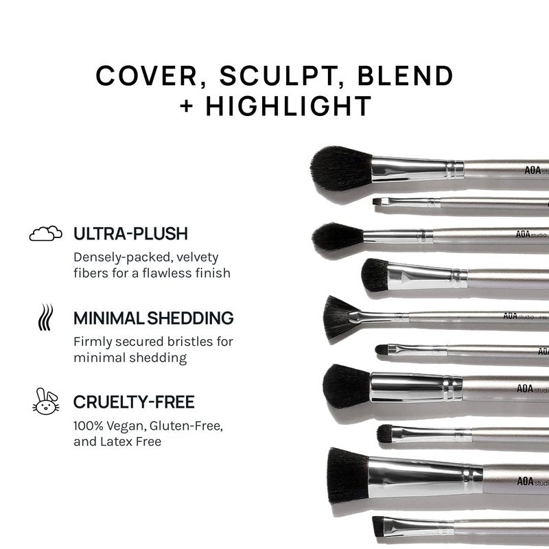 AOA Studio 10-Piece Silver Brush Set | Professional Foundation, Blending, Blush & Powder Brushes