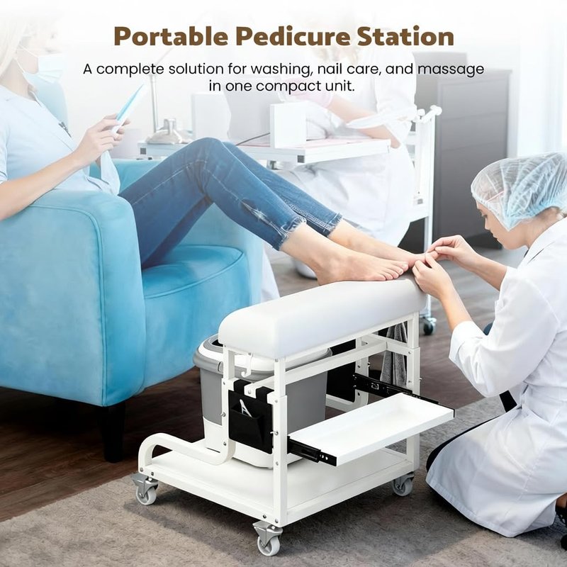 Adjustable Pedicure Foot Rest with 3-Level Height, PU Cushion, Storage & Locking Wheels, Mobile Pedicure Cart Foot Bath Trolley for Foot Bath, Salon & Spa (White)