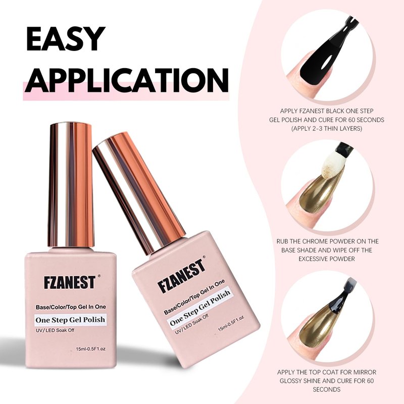 FZANEST Black Gel Polish Top Base Coat for Chrome Nail Powder, Hema-Free 3 in 1 One Step Gel Nail Polish Soak Off LED UV Nail Art Starter Manicure 15ml