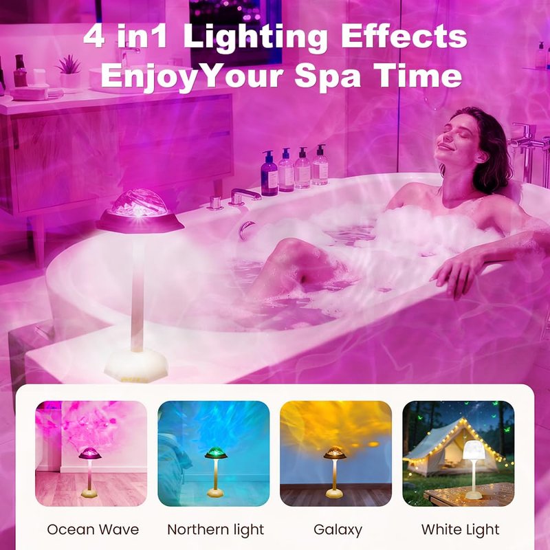 LINKOJI 4 in 1 Shower Lamp Waterproof Bathroom Lamp Ocean Wave Projector Light Northern Galaxy Light 16 Color Rechargeable Remote Control lumena Lamps for Inside Shower/Bathtub