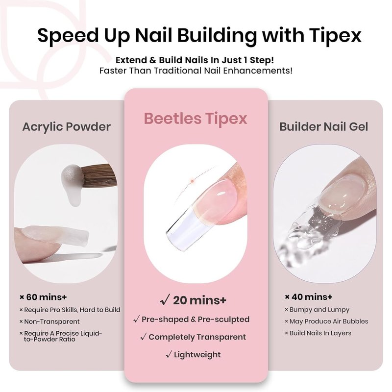 Beetles Tipex Nail Kit - 224 Pcs Square Medium Pre-Etched Fake Nails with Mini Nail Lamp & Glue