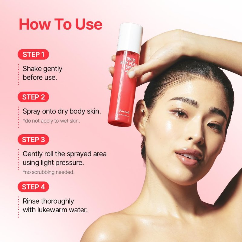 PARNELL AHA Omija Ceramic Body Peeling Spray – AHA BHA PHA Body Exfoliant for Keratosis Pilaris, Strawberry Legs, Dark Spots & Dead Skin Remover – Chemical Exfoliant, Rough Skin 4.60 fl.oz