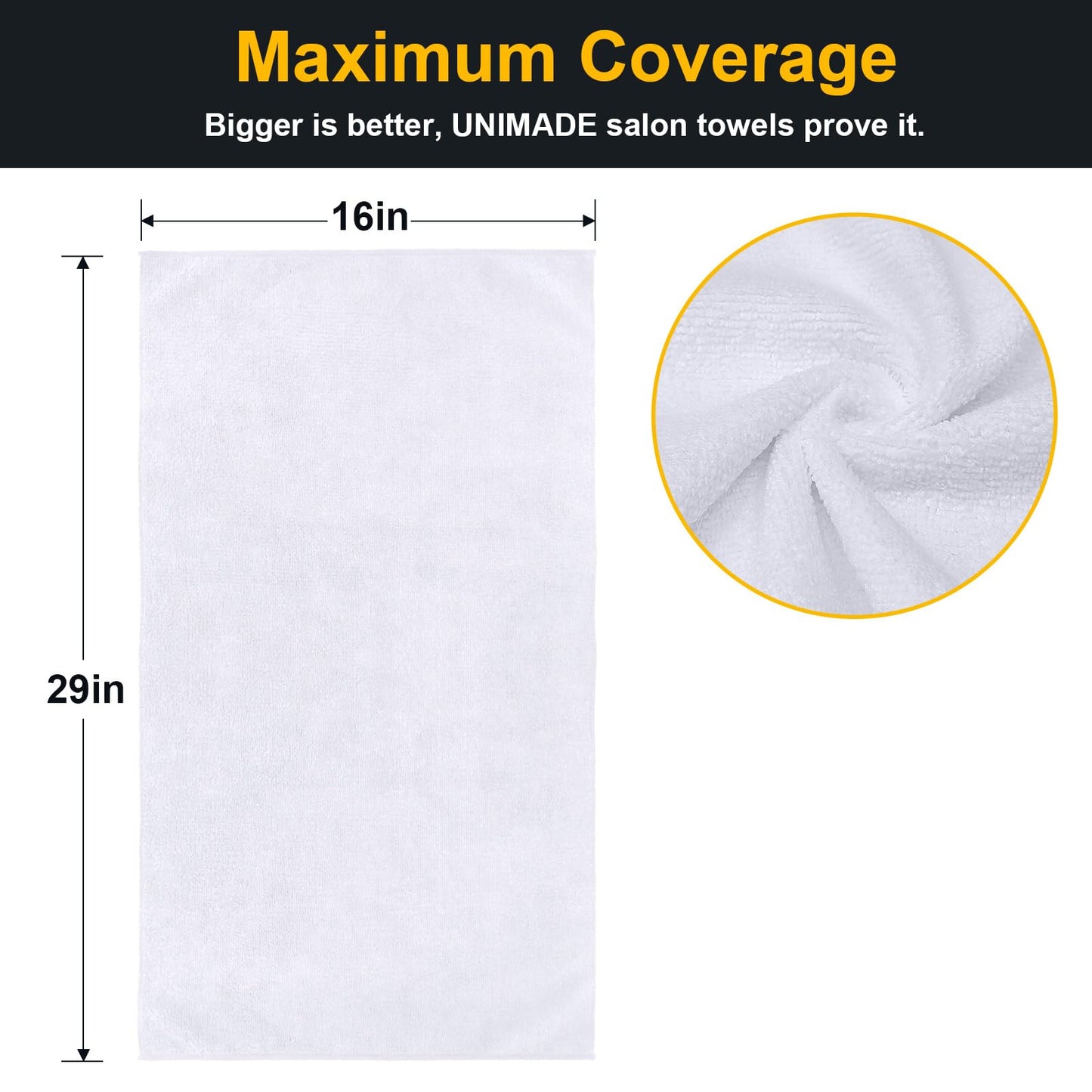 UNIMADE Salon Towels 24 Pack, Super Soft Microfiber Hand Towel, Highly Absorbent Hair-Drying Cloth for Gym, Bath, Spa Use and Home Beauty Care - White (16x29 inch)