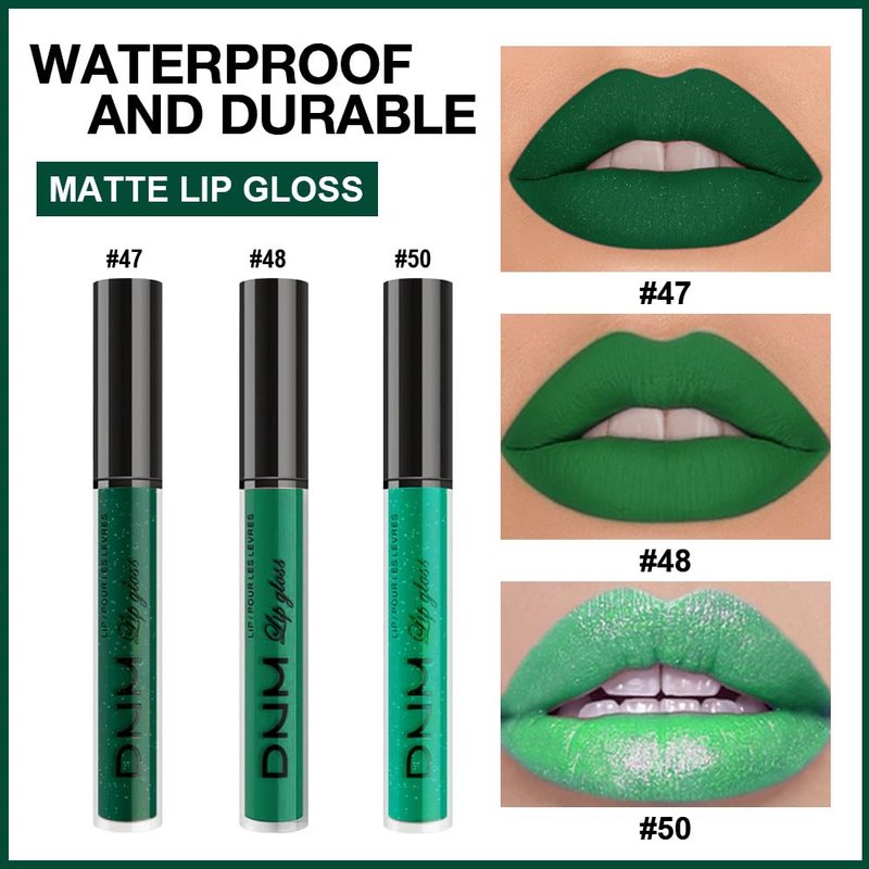 evpct 3Pcs Green Matte Glitter Liquid Lipstick Lip Stain Sets for Women, Matte Shimmer Lipstick Long Lasting Waterproof Permanent 24 Hours original, Magic Lip Sticks Pack for Halloween Daily Makeup