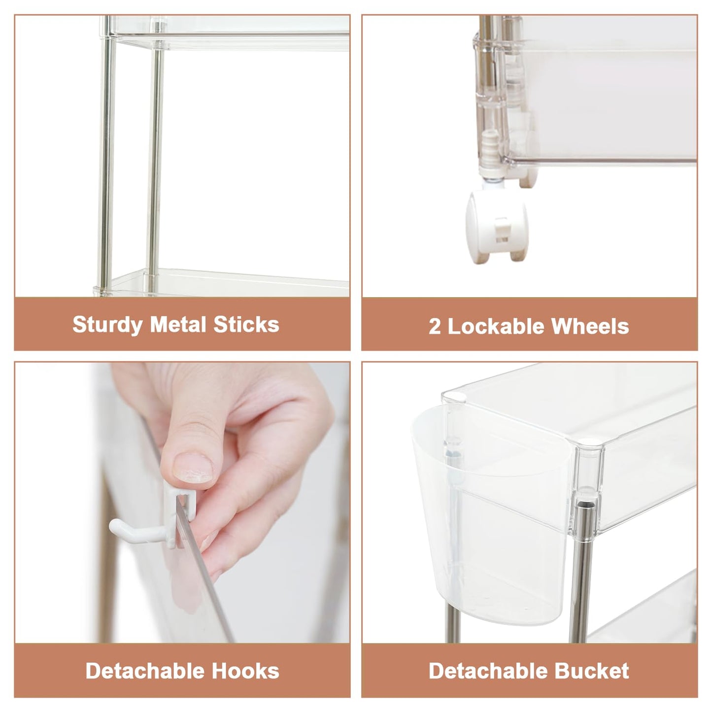 VECELO Acrylic 4-Tier Rolling Cart, Slim Utility Cart for Storage, Mobile Storage Cart with Lockable Wheels Hooks&Bucket for Office,Kitchen,Laundry Room Bathroom Living Room, Clear