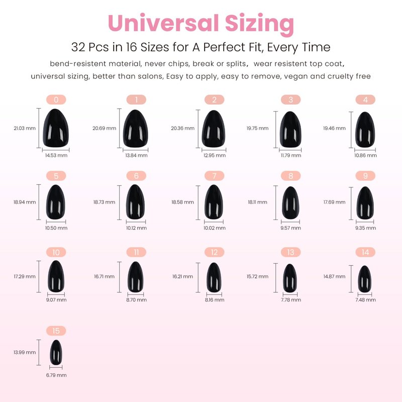 Nail Reformation Press On Nails, Classic Noir | Black Short Almond Fake Nails in Glossy Finish, Salon Quality, Natural Reusable Stick On Nails in 16 Sizes - 32 Nail Kit with Glue, Gifts for Women