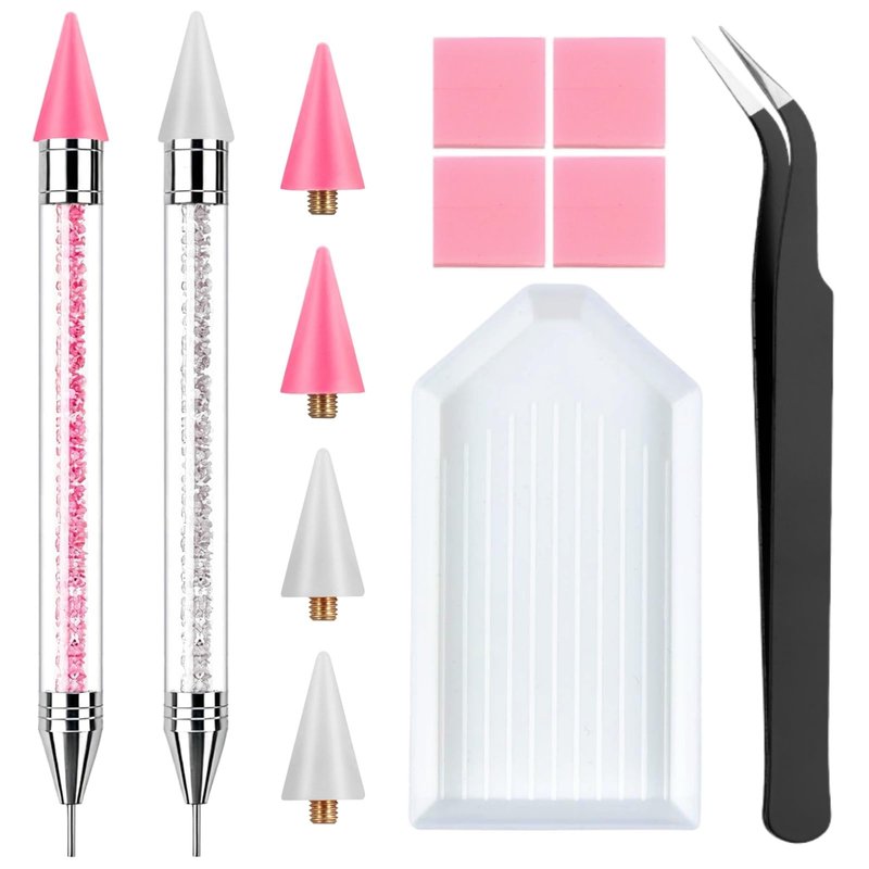 2 Pack Rhinestone Picker Tool Dotting Pen with 4 Wax Tips and Tray, Wax Pencil for Rhinestones, Gem Picker Pen Diamond Jewel Applicator, Rhinestone Tools Kit for Bedazzling DIY Nail Art