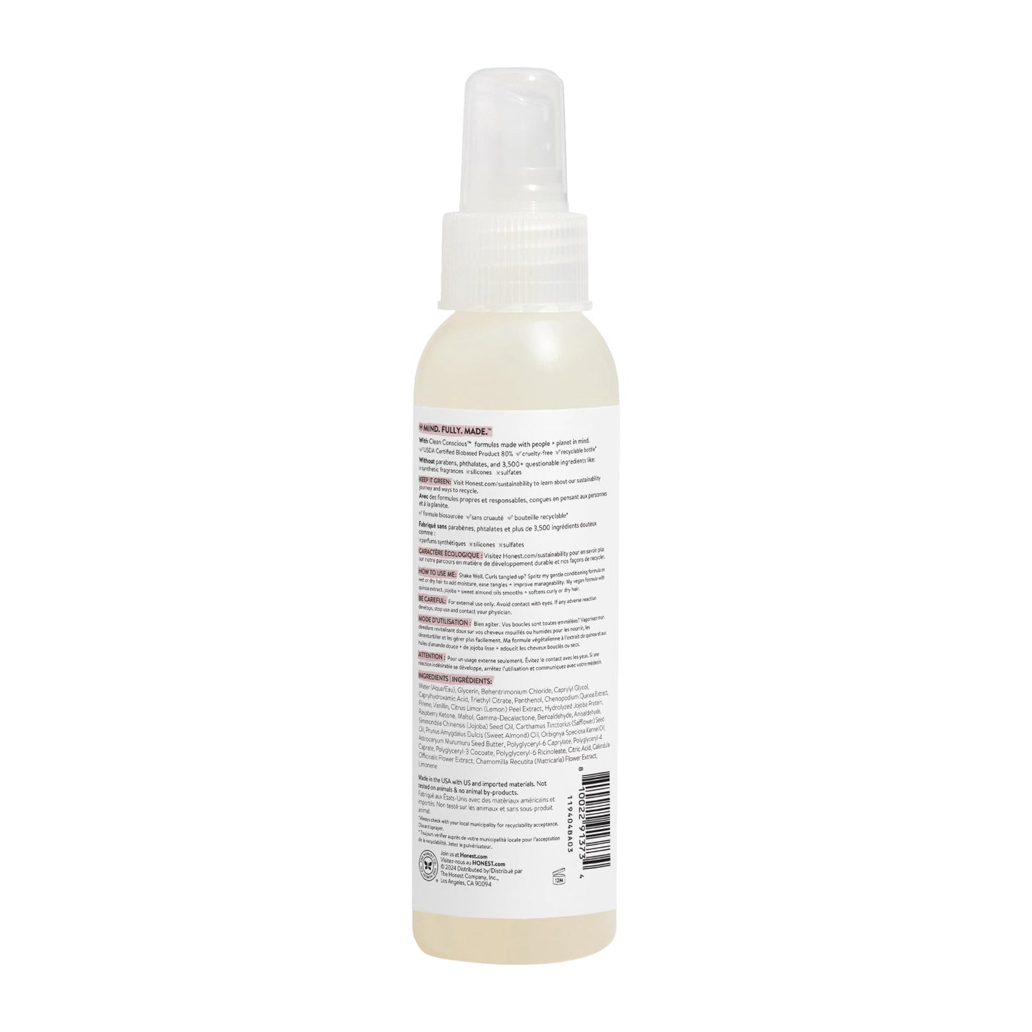 The Honest Company Conditioning Hair Detangler Leave-in Conditioner and Fortifying Spray, Tear Free, Cruelty-Free, Hypoallergenic, Almond Nourishing, 4 fl oz