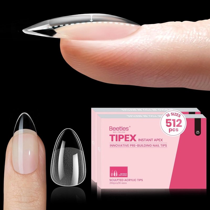 Beetles Tipex Instant Apex Nail Tips Almond Short – Pre-Built & Pre-Etched, Strong & Thick Acrylic, 16 Sizes, 512 Pieces