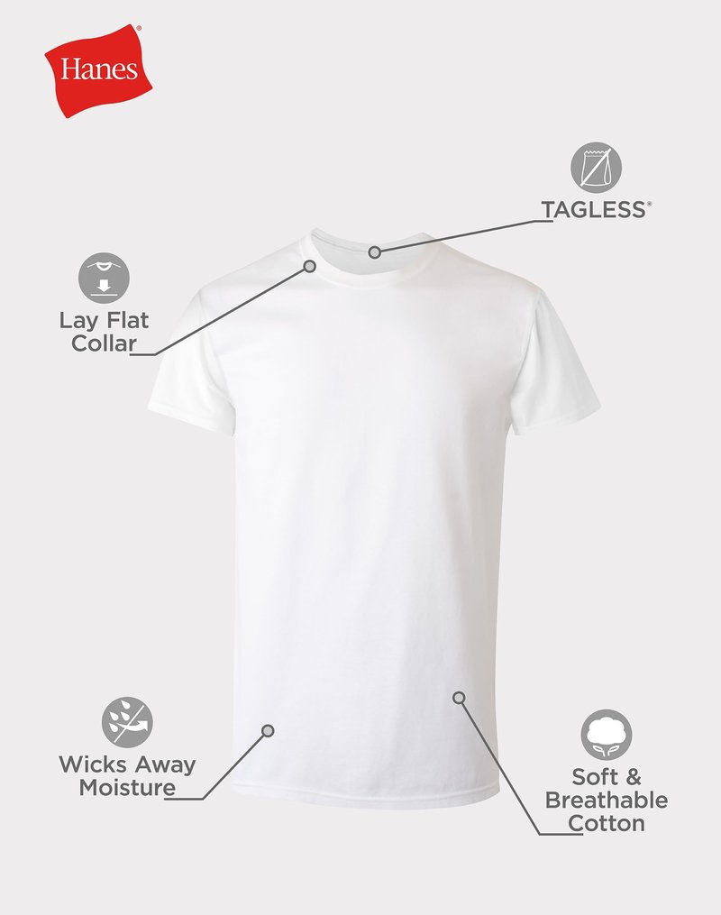 Hanes Mens Cotton, Moisture-wicking Crew Tee Undershirts, Multi-packs, White - 6 Pack, Medium US