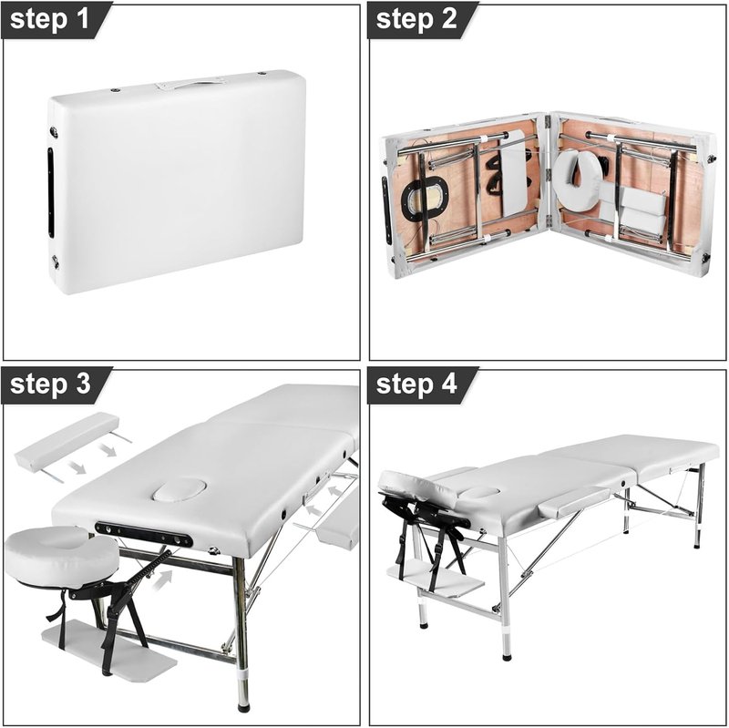 Portable Massage Table - Foldable Height Adjustable Lash Bed | PU Leather Facial Tattoo Bed (White)