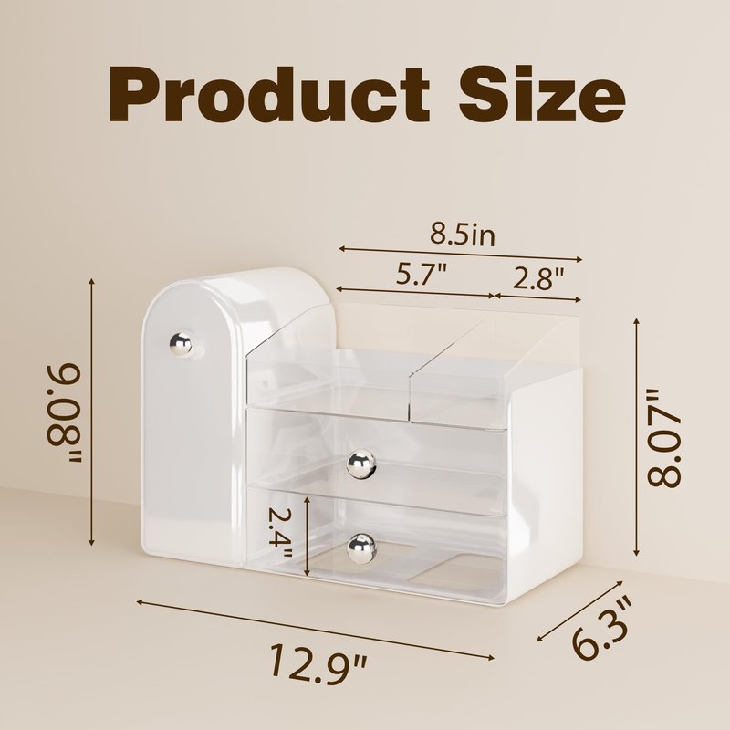 lurcns Makeup Organizer with Dustproof Brush Holder for Vanity, Large Cosmetics Organizer and Bathroom Countertop Skincare Storage with 2 Clear Drawers for Lipstick, Perfume, Eyeshadow Palettes,White