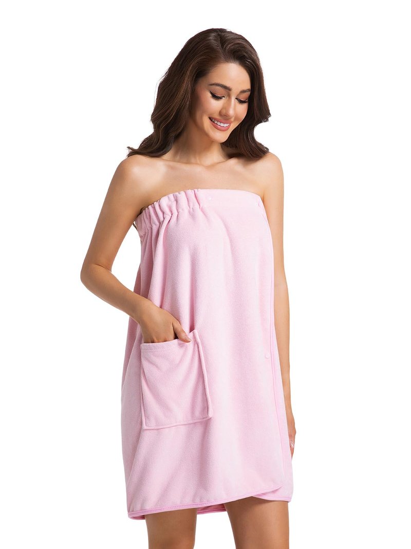 GUODDS Womens Towel Wrap Bath Robe Lightweight Spa Body Wrap Shower Adjustable Snap Closure Pink XL