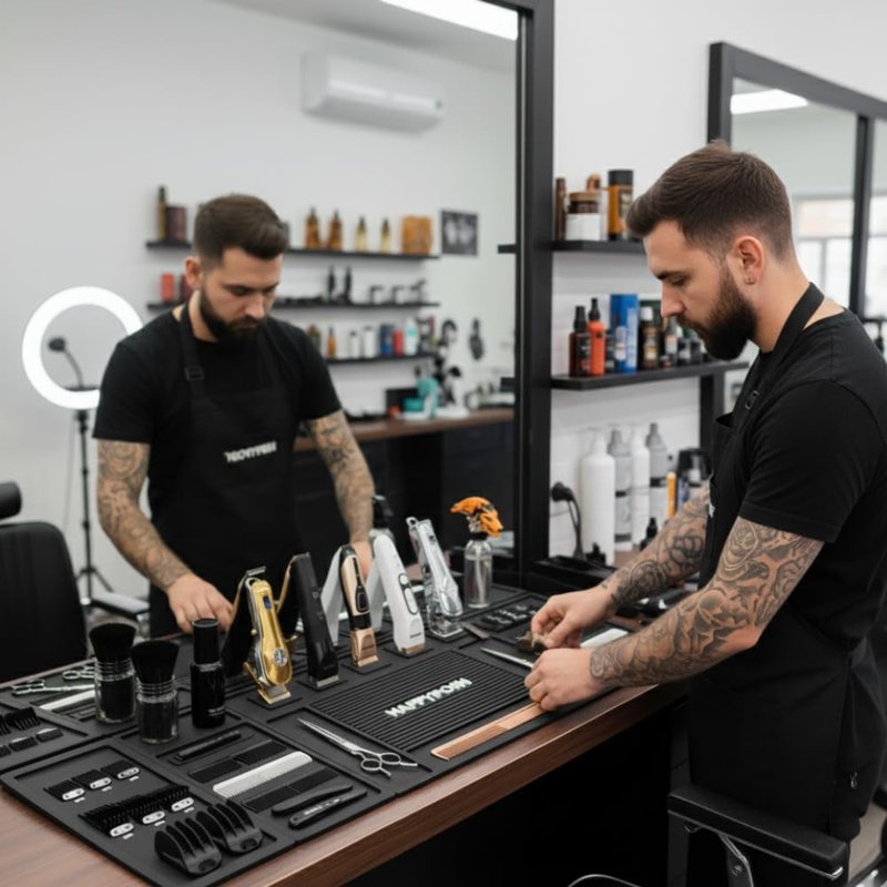 HAPPYPOSH Modular Magnetic Barber Mat Set 4PCS with 5 Strong Magnets, Extra Large Barber Station Mat, Full Workstation Setup for Clippers & Tools, Non-Slip Rubber Organizer for Professional Barbers