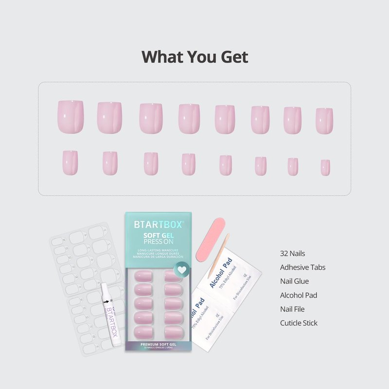 BTArtbox Press On Nails Square - Solid Pink Short Press On Nails with Glue for Women, Opaque Soft Gel Glue On Nails in 16 Sizes - 32 Stick On Nails Kit, Yoga