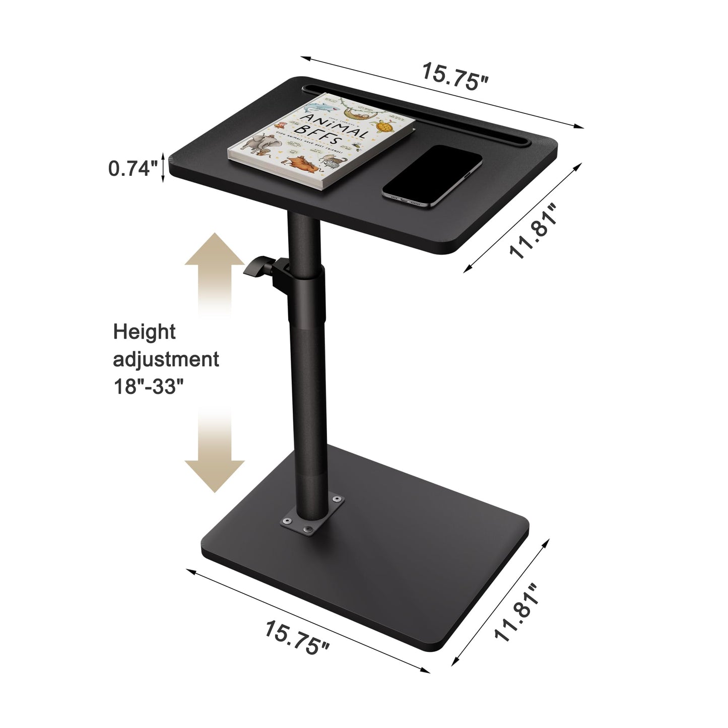 YUHFERA Sofa Armrest Tray Table for Couch - 360° Swivel Height Adjustable End for Small Spaces, Snack Side Table for Bed or Chair with Phone & Tablet Slot (Black,Standard)