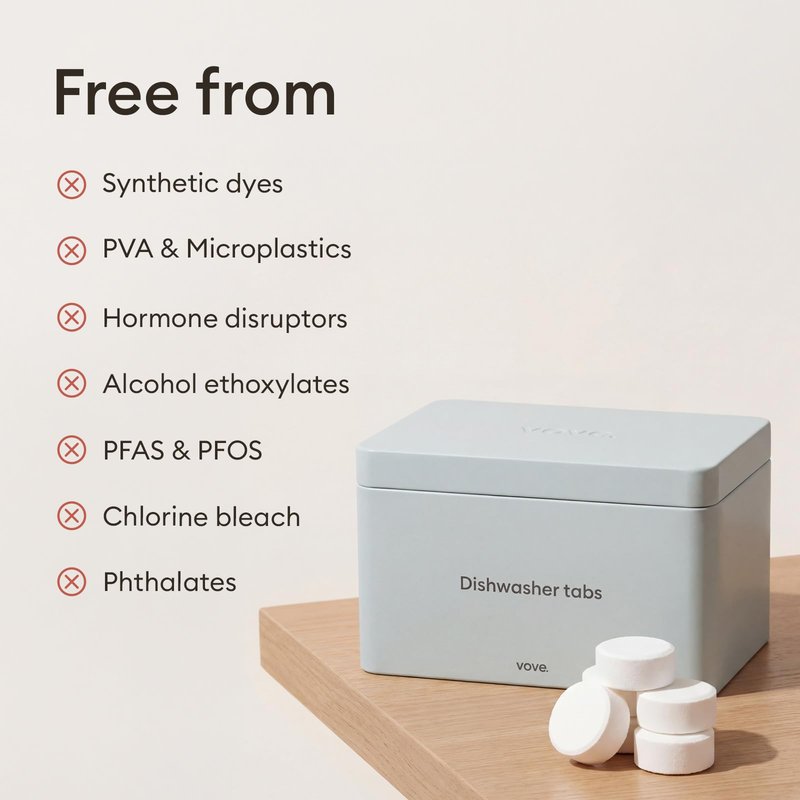 Vove Dishwasher Detergent Tablet Starter Set, 40 Count with Reusable Storage Tin - Plastic-Free, No PVA, No Microplastics - 2x Enzyme Power, Plant-Based, Fragrance-Free, Septic Safe