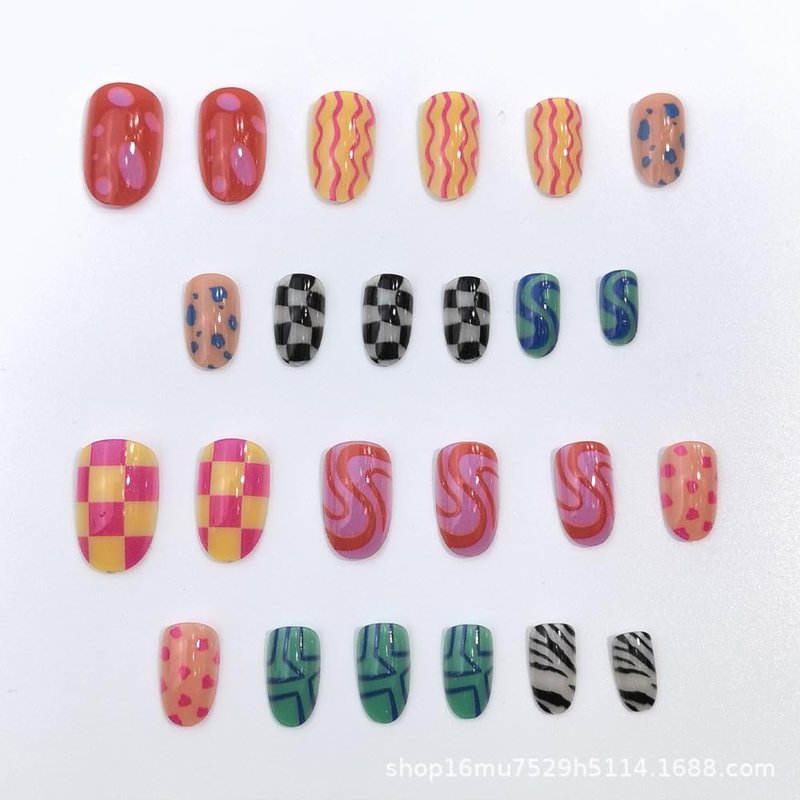 Dopamine Colorful Press on Nails Short CEWEWP Almond Fake Nails with Checkered Striped Design Cute Geometric Irregularity Acrylic Stick on Nails Summer Glossy Full Cover Glue on Nails for Women 24Pcs