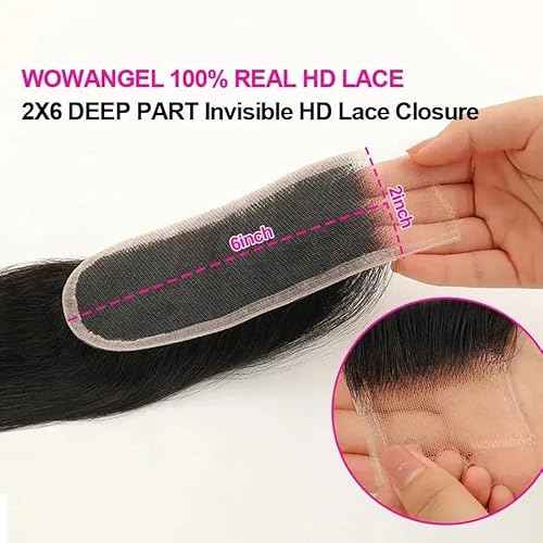 WOWANGEL 2x6 SKINLIKE Real HD Lace Closure Only, 0.1mm Ultra-thin Invisible Transparent HD Lace Body Wave Pre Plucked with Small Hair Knots 12A Unprocessed Virgin Human Hair 14 Inch