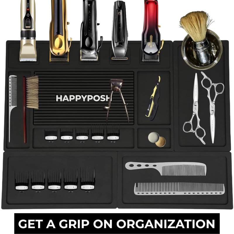 HAPPYPOSH Modular Magnetic Barber Mat Set 4PCS with 5 Strong Magnets, Extra Large Barber Station Mat, Full Workstation Setup for Clippers & Tools, Non-Slip Rubber Organizer for Professional Barbers