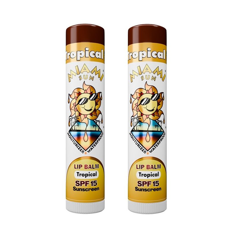 Miami Sun SPF15 Tropical Flavor Sunscreen Lip Balm, offers essential UVA/UVB protection, shield lips from sun exposure, moisturizes and softens lips with the coconut oil and sunflower oil (2 pcs)