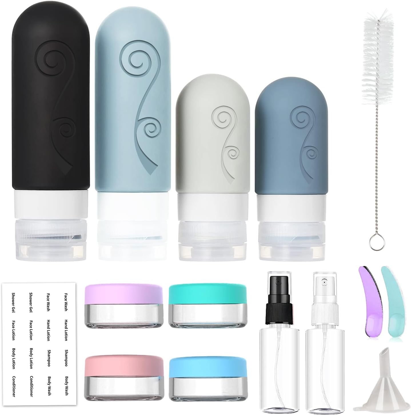 Travel Bottles Set - 16 Pack TSA Approved Silicone Containers | Leak-Proof 2oz & 3oz for Shampoo, Conditioner, Lotion, Body Wash - Black