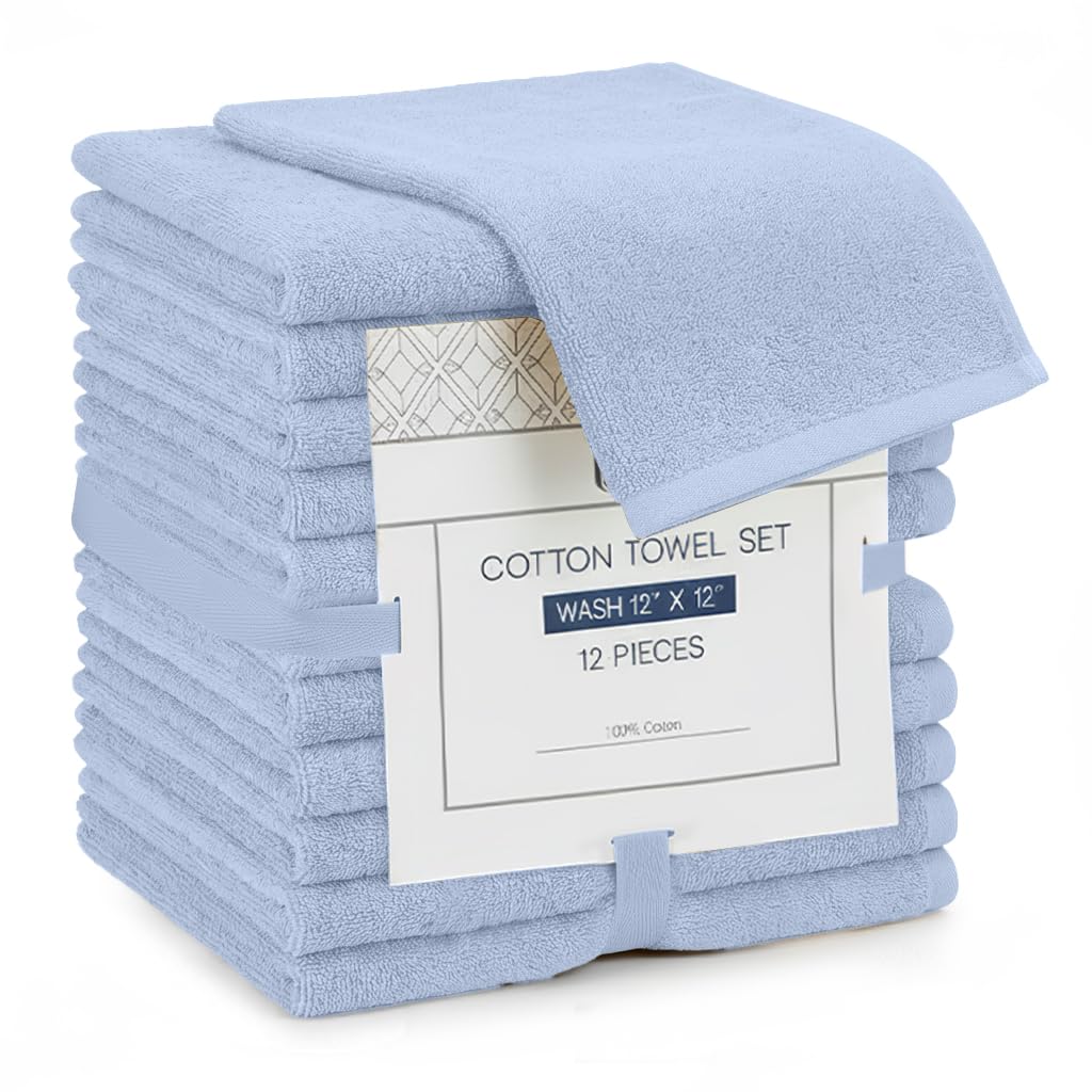 Linteum Textile Supply Premium 12x12 Washcloth (Light Blue) – 100% Cotton Zero Twist Towels | Absorbent, Quick Dry, Durable for Bathroom, Spa, Gym (12 Pack)