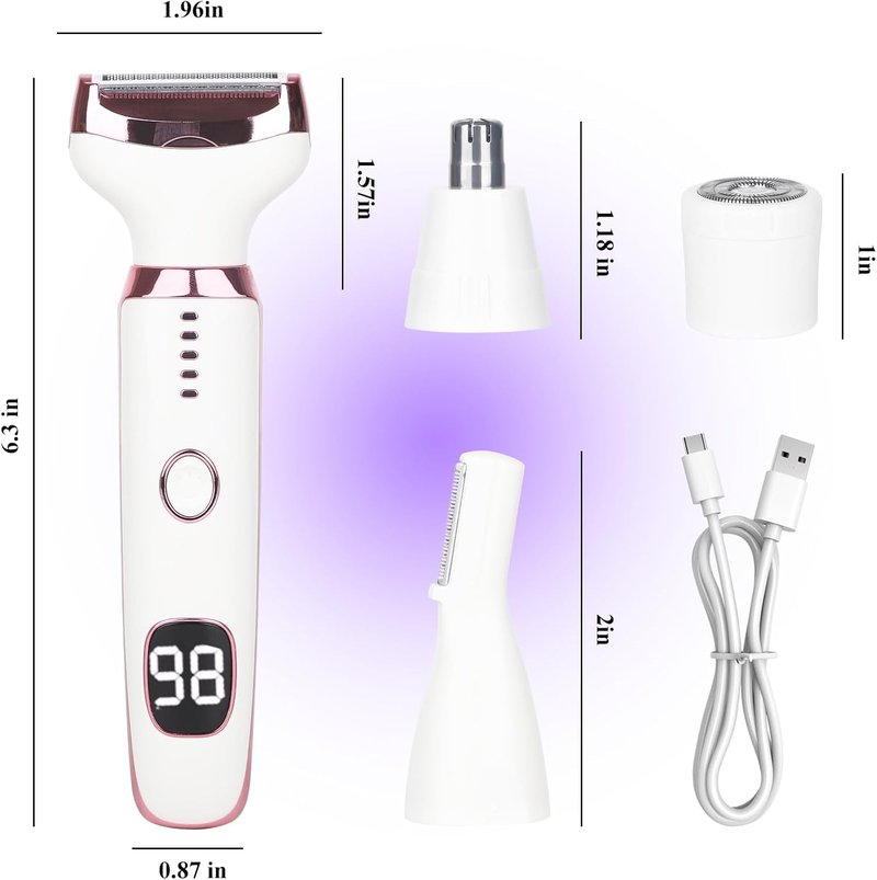Electric Razor for Women & Men - 4-in-1 Rechargeable Shaver with LED Display | Painless Hair Remover for Body, Face, Nose, Bikini, Arms (White)