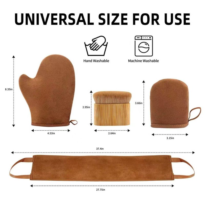 FUNAN Self Tanning Applicator Kit with Tanning Glove for Self Tan Mitt, Back Lotion Applicator, Mini Mitt and Ultra Soft Self Tanner Brush Bamboo Kabuki Brush, Brown