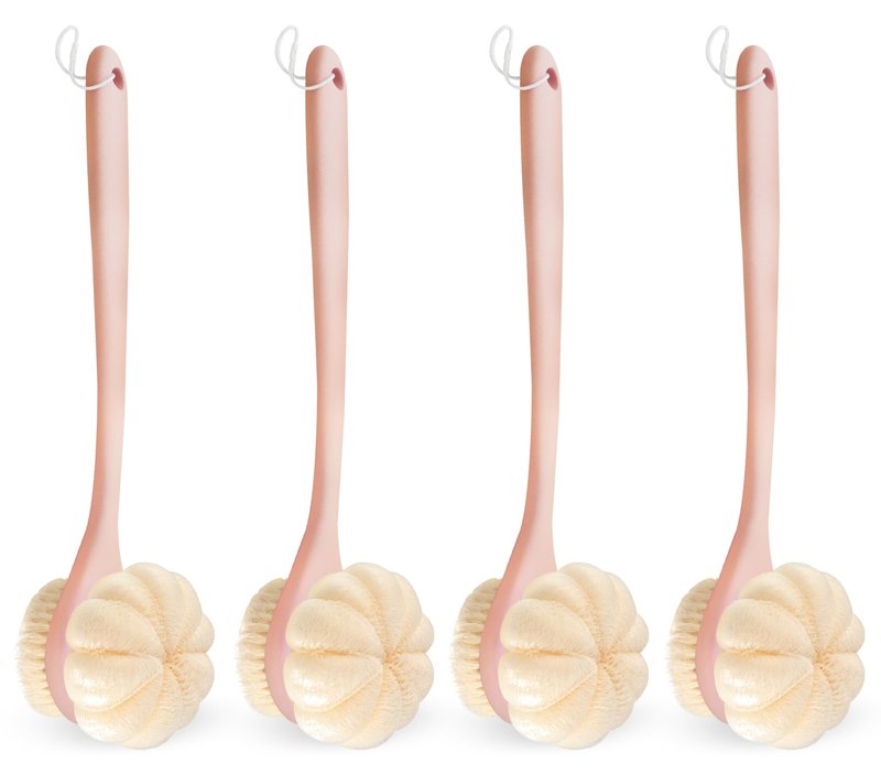 4 Pack Double-Sided Back Bath Brush,16" Curved Long Handle Back Scrubber for Shower with Soft Bristles and Loofah,Body & Back-Cleaning Helper Scrubber Wet or Dry for Men and Women (Pink)