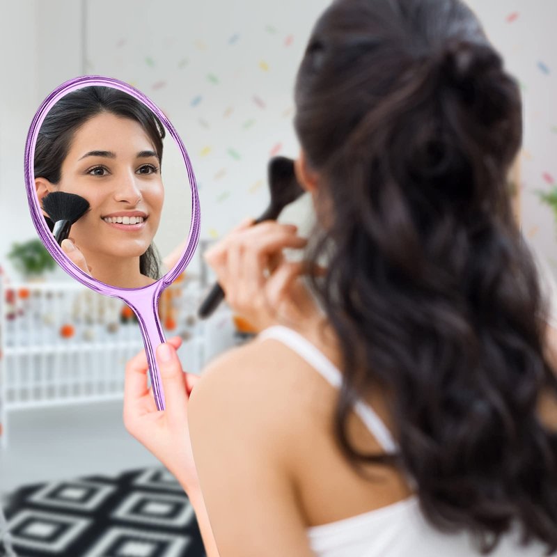 D Hand Mirror with Handle, Handheld Mirror Small Magnifying Mirror 1X 2X Doule Sided Handle Makeup Mirror, Acrylic Handheld Mirror Rounded Shape Purple