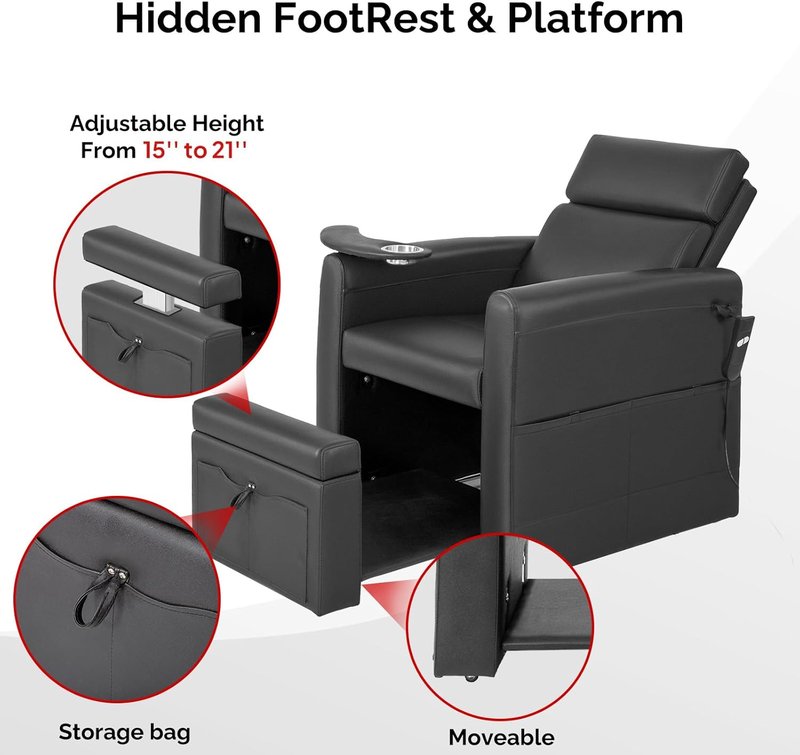 OmySalon Electric Pedicure Chair - Adjustable Backrest, Movable Cup Holder & Hidden Storage | Black Spa Station