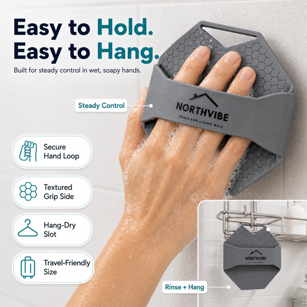 NORTHVIBE Silicone Body Scrubber for Shower, Hygienic Silicone Loofah Alternative, Exfoliating Body Brush with Hand Strap, Quick-Dry Dual-Sided Shower Scrubber, Charcoal