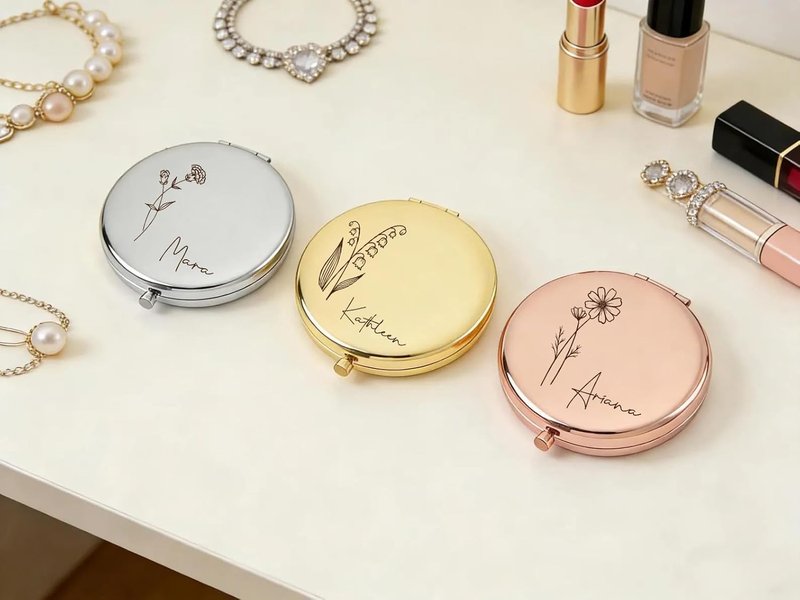 Personalized Travel Mirror - Birth Flower & Name | 2x/1x Magnifying Small Cosmetic Gift for Bridesmaids, Mothers, Graduates